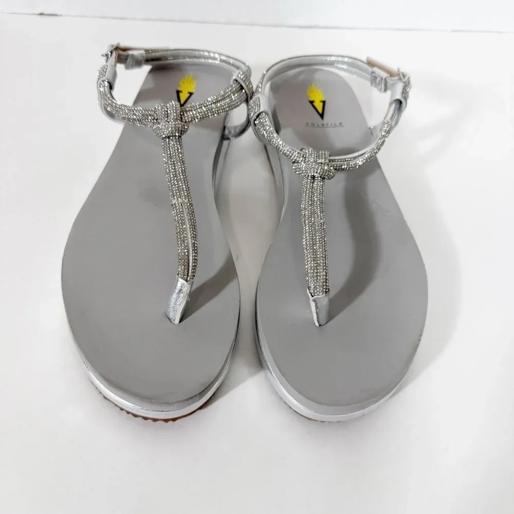 VOLATILE Womens Calypso Knotted Silver Rhinestones Embellished Wedge Sandal Sz 8